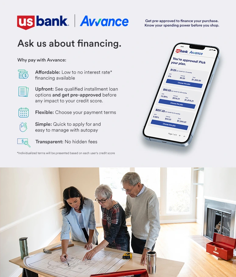 U.S. Bank and Avvance financing flyer: get pre-approved to finance your purchase. Affordable low-to-no-interest financing, upfront pre-approval with no impact to your credit score, flexible payment terms, simple autopay, and transparent pricing with no hidden fees.