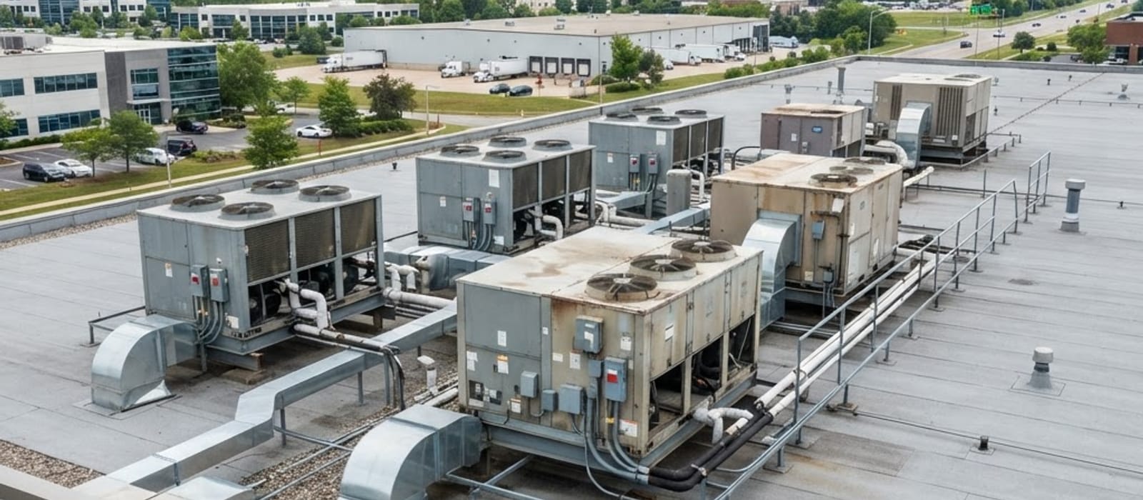 Multiple large commercial rooftop packaged HVAC units installed on a flat commercial building roof above a business park