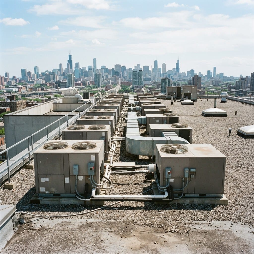A row of commercial rooftop packaged cooling units on a flat commercial building roof with a city skyline in the distance