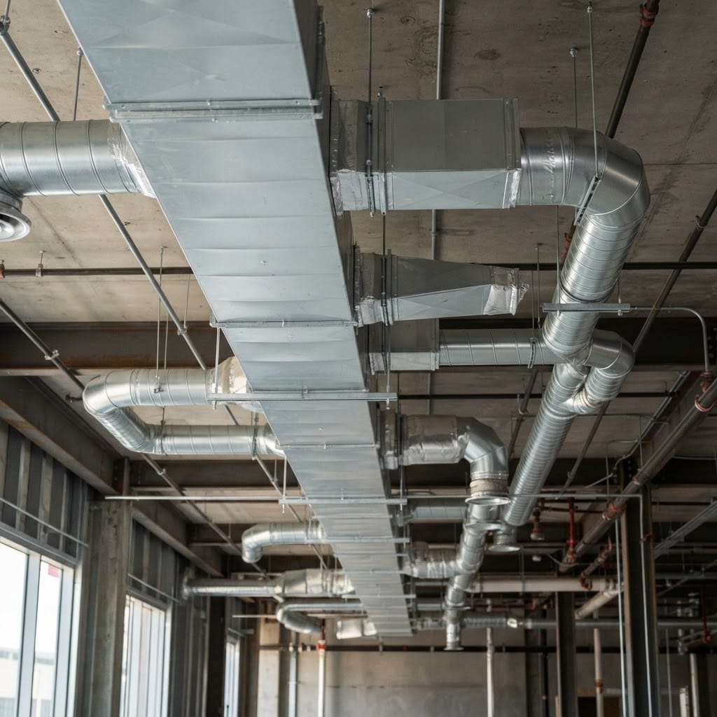 Newly installed commercial sheet-metal trunk and spiral ductwork running along an exposed commercial ceiling