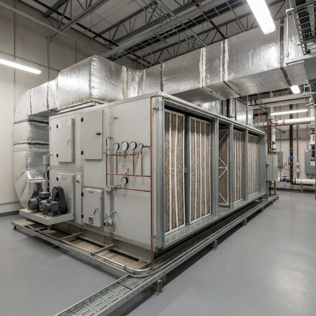 A commercial air handling unit and large pleated filter bank inside a clean mechanical room