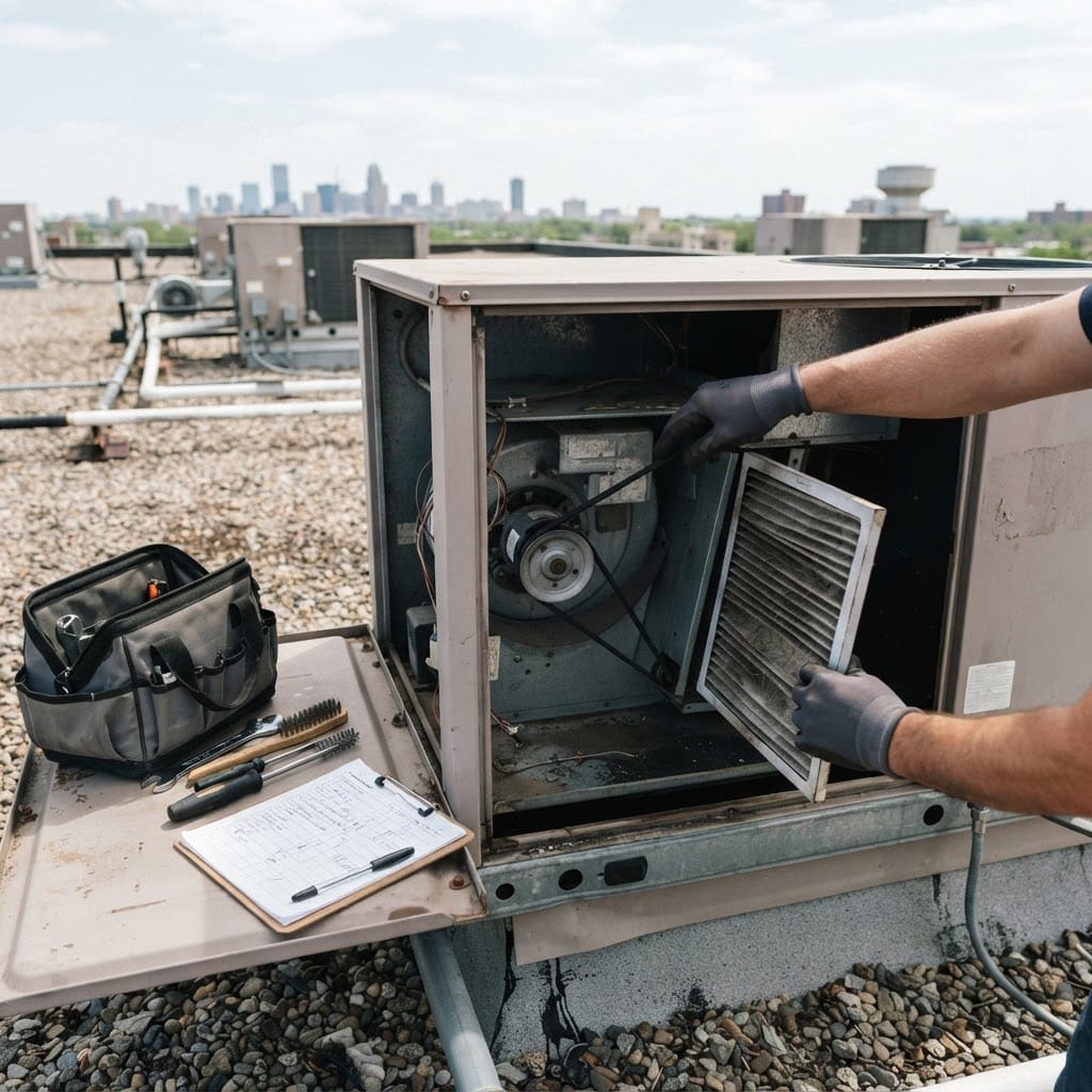 Filters and belts being serviced inside an open commercial rooftop HVAC packaged unit during a maintenance visit