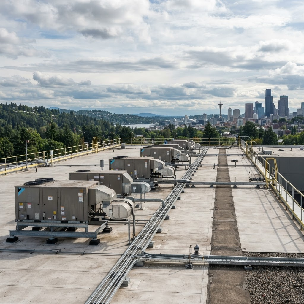 Commercial rooftop heating units on a flat commercial roof