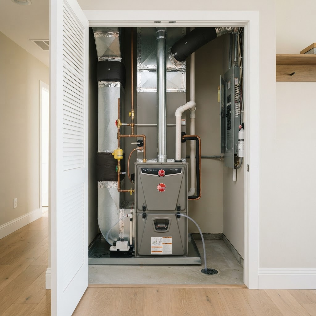 High-efficiency gas furnace installed in a residential utility space
