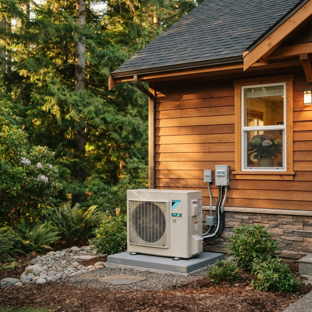 High-efficiency heat pump condenser installed beside a Pacific Northwest home