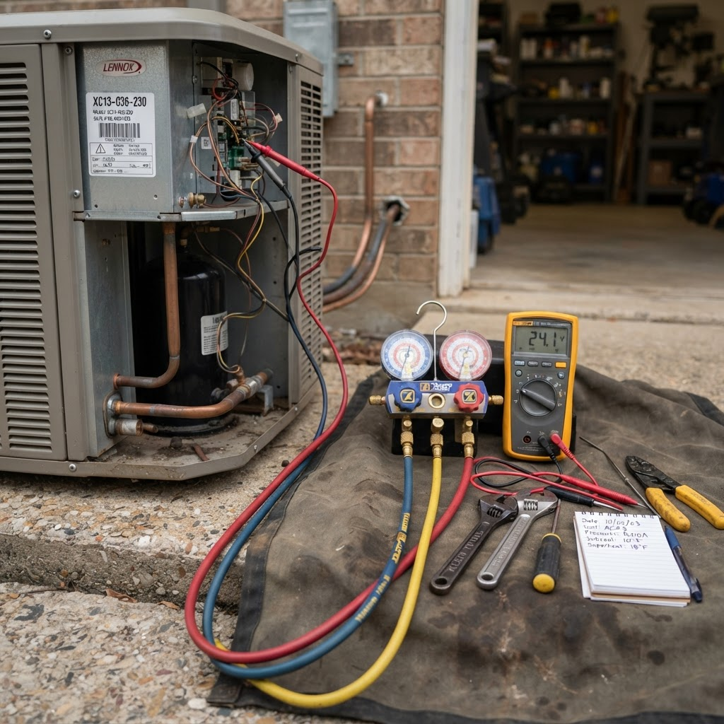 HVAC service gauges and tools laid out beside a unit being serviced