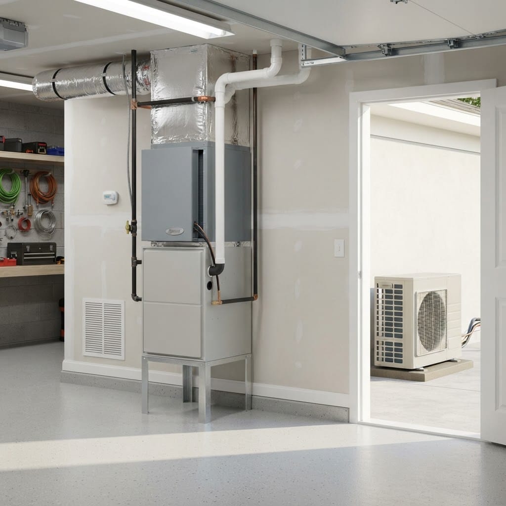 A completed new home comfort system with a matched high-efficiency furnace and indoor coil neatly installed in a bright garage