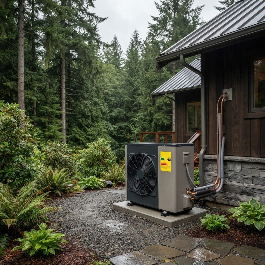 A high-efficiency heat pump system with an energy-efficiency rating label installed beside a Pacific Northwest home