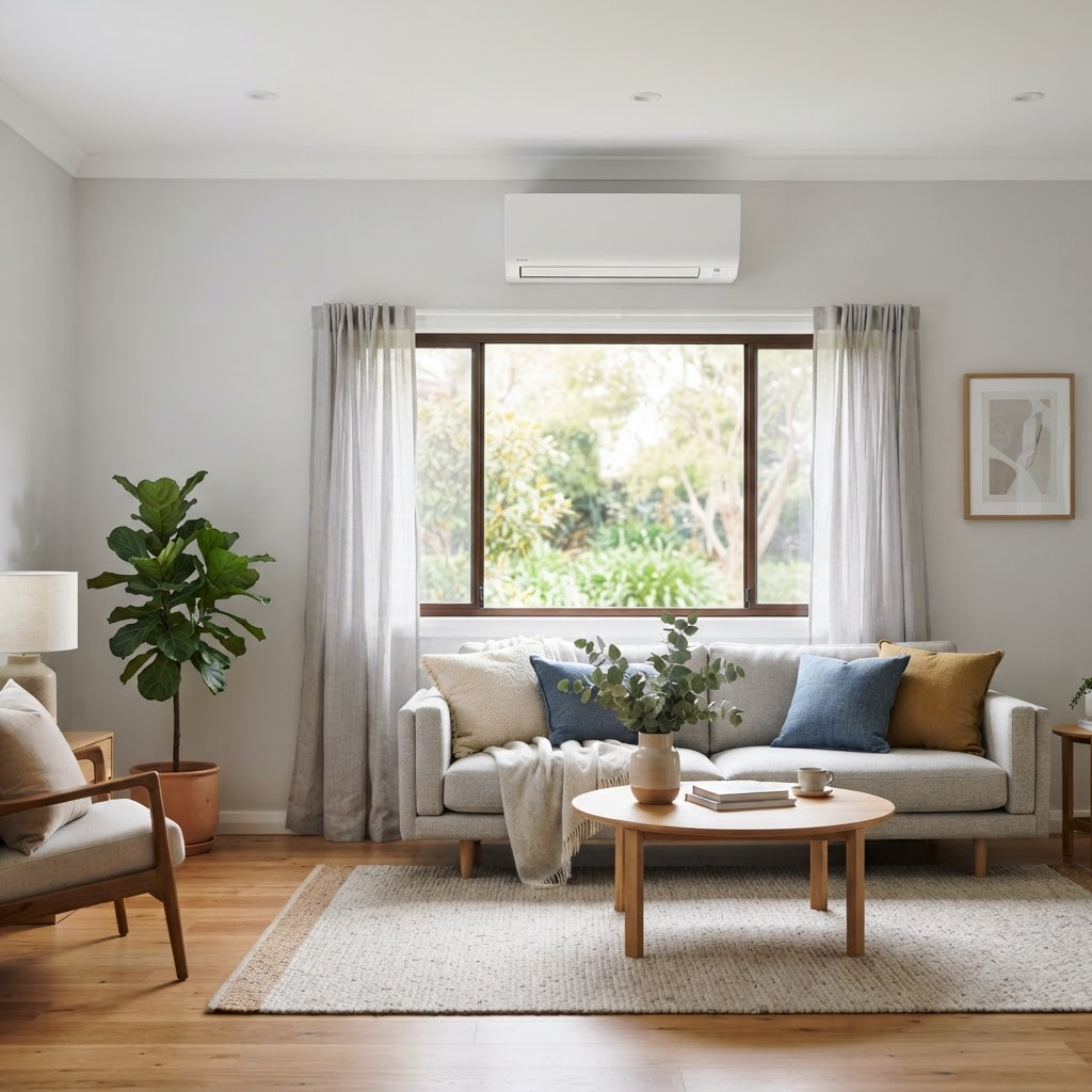 A wall-mounted ductless mini-split heat pump head unit in a bright Portland-metro-area living room, providing heating and cooling