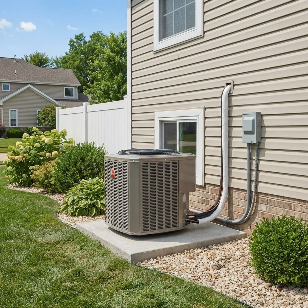 A completed residential central air conditioning condenser newly installed on a concrete pad beside a home