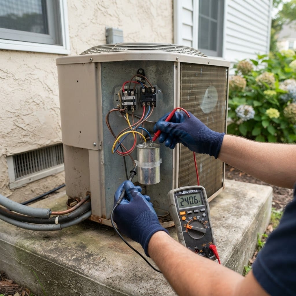 A technician testing a residential air conditioner condenser with an electrical meter, the access panel removed