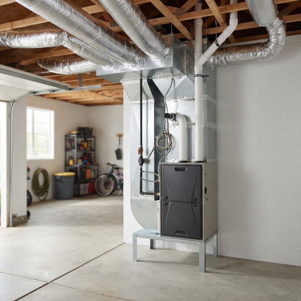 A completed residential gas furnace installation in a garage with neat sheet-metal plenum, insulated flex duct, and tidy wiring