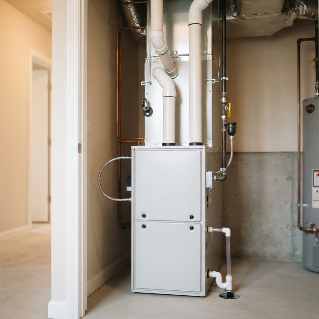 A high-efficiency residential gas furnace installed in a clean home utility closet with neat copper and PVC venting