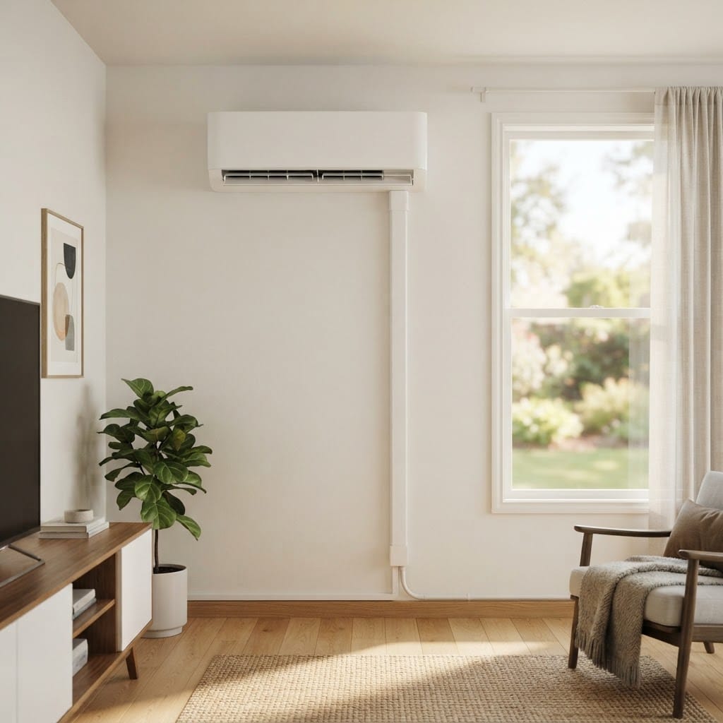 A completed ductless mini-split heat pump indoor wall head unit mounted high on a clean living room wall