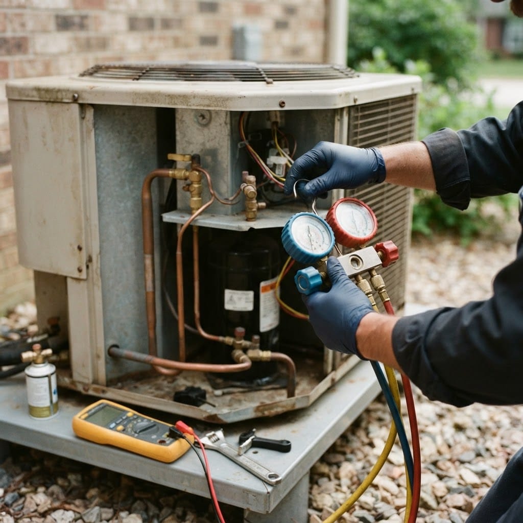 A technician using a refrigerant gauge manifold and meter to diagnose a residential heat pump outdoor condenser