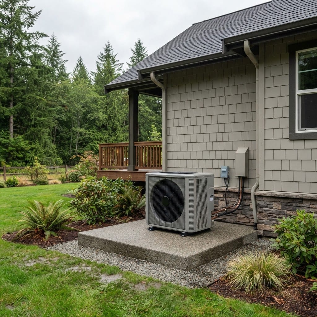 A modern residential heat pump outdoor condenser installed on a concrete pad beside a Pacific Northwest home