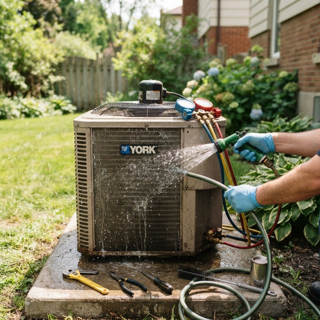 A residential air conditioner outdoor condenser coil being rinsed during a spring tune-up with refrigerant gauges attached