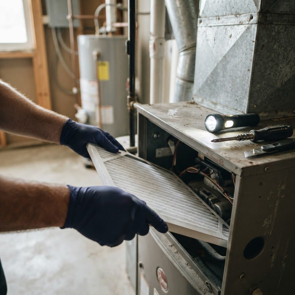 A clean pleated air filter being slid into an open residential gas furnace during a maintenance tune-up