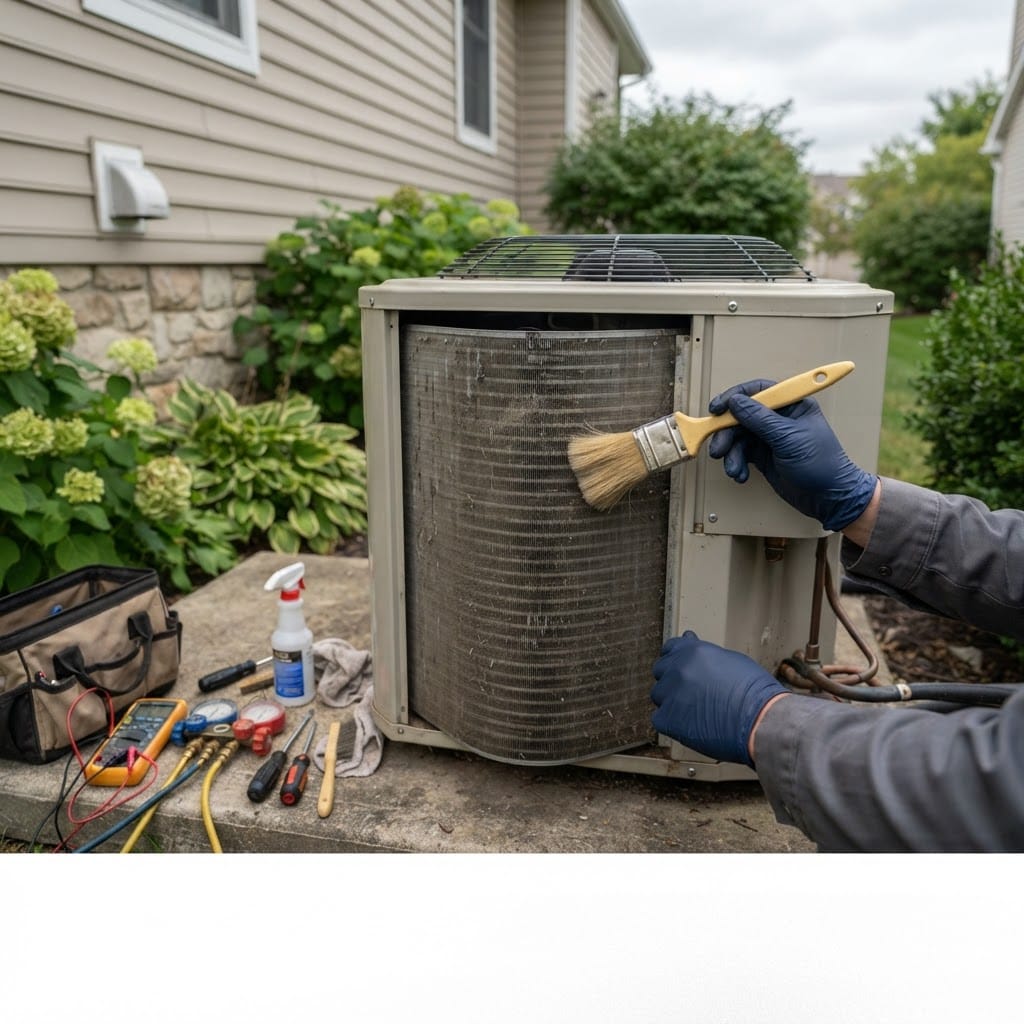 A residential heat pump outdoor condenser coil being cleaned with a soft brush during a maintenance visit