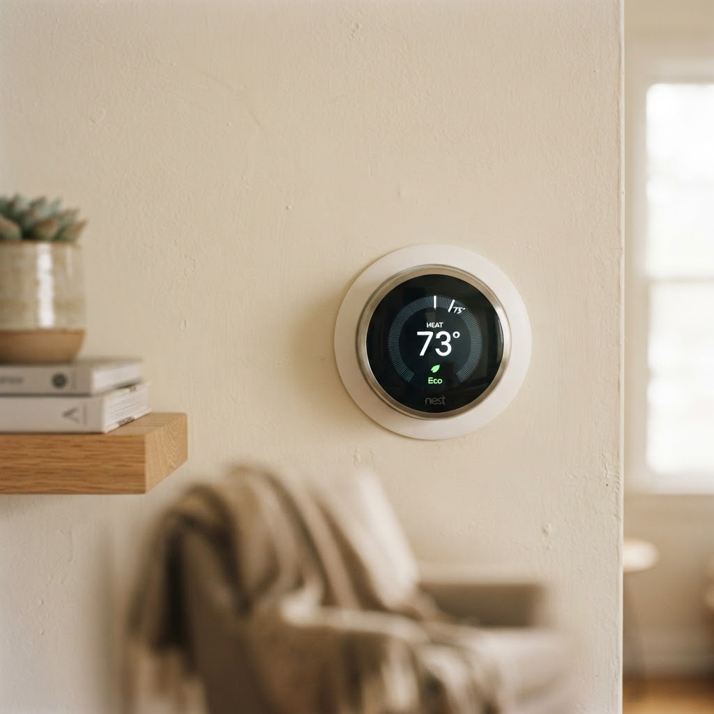 Modern smart thermostat mounted on an interior wall